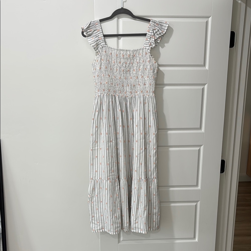 White and Grey Striped Dress with Pink Detail
